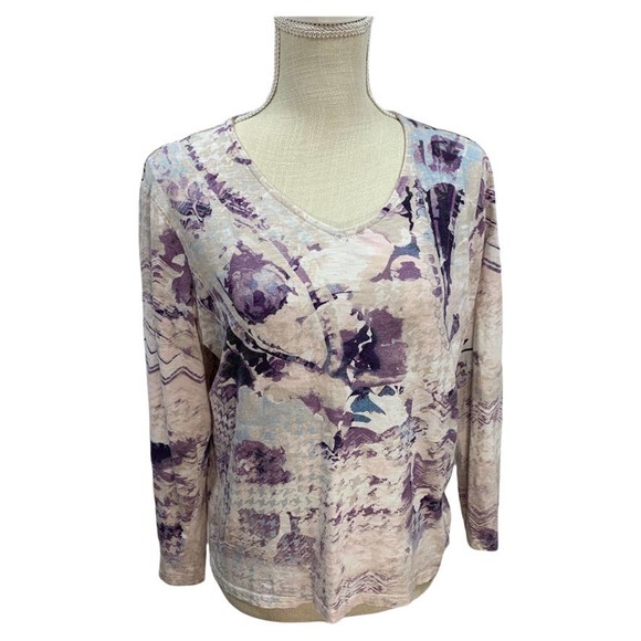 Chico's Long Sleeved Top Shirt Blouse White w/ Purple Splatter Pattern Sz 2 - Picture 1 of 6